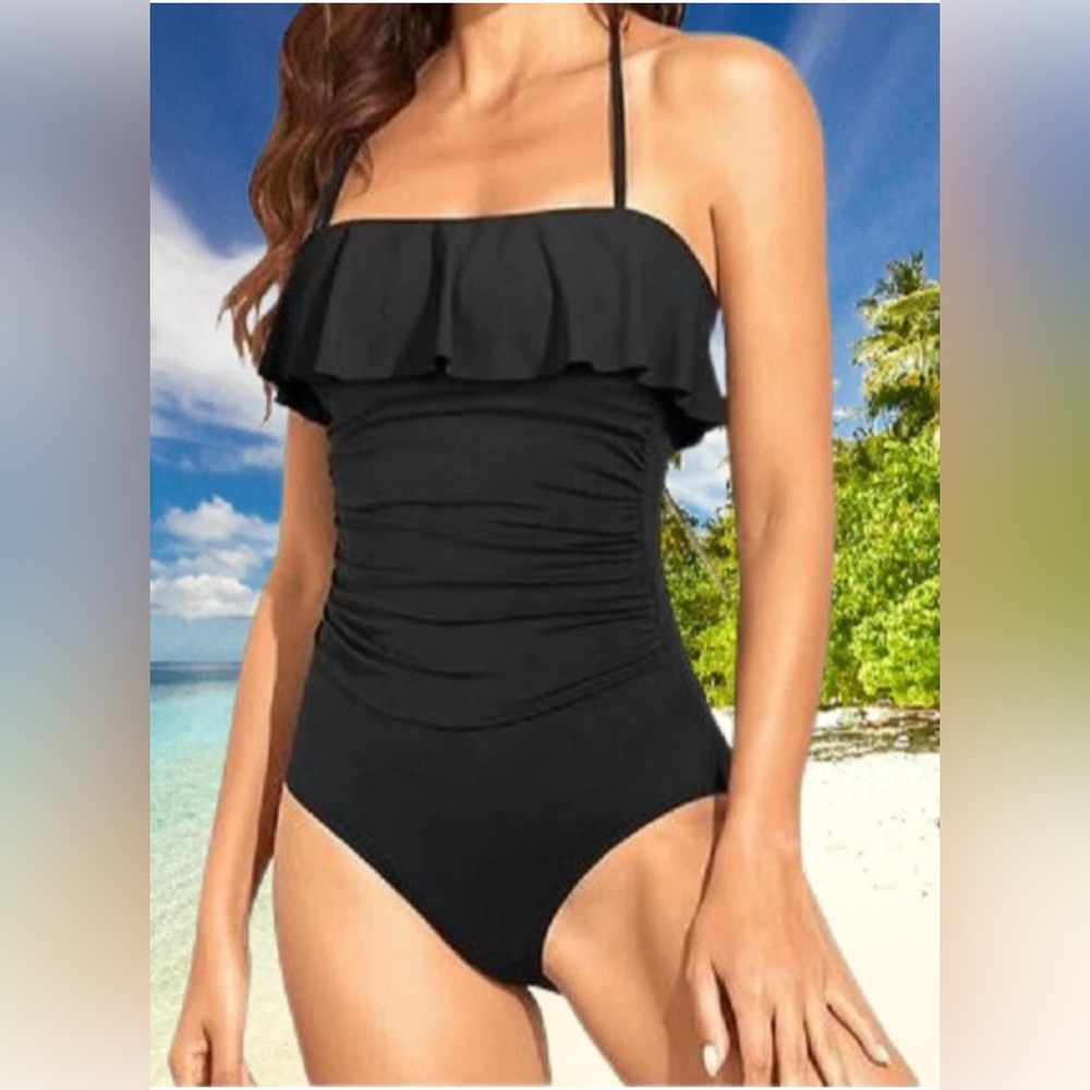 Elegant Black Ruffle One-Piece Bathing Swimsuit Slimming 2XL